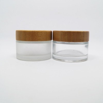 High end 50g facial cream container empty bamboo cap frosted glass jar and lids