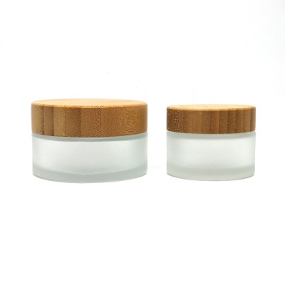 Face Cream cosmetic packaging 50ml 100ml clear frosted glass jar with bamboo lid