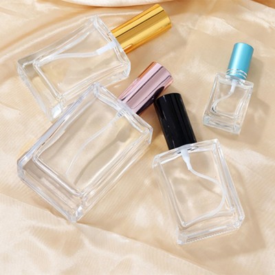 Hot sale 15ml 30ml 50ml 100ml square clear glass perfume bottle with silver gold and black spray