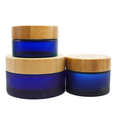 5ml 10ml 15ml 30ml 50ml 100ml blue frosted glass cosmetic cream jar with bamboo cap